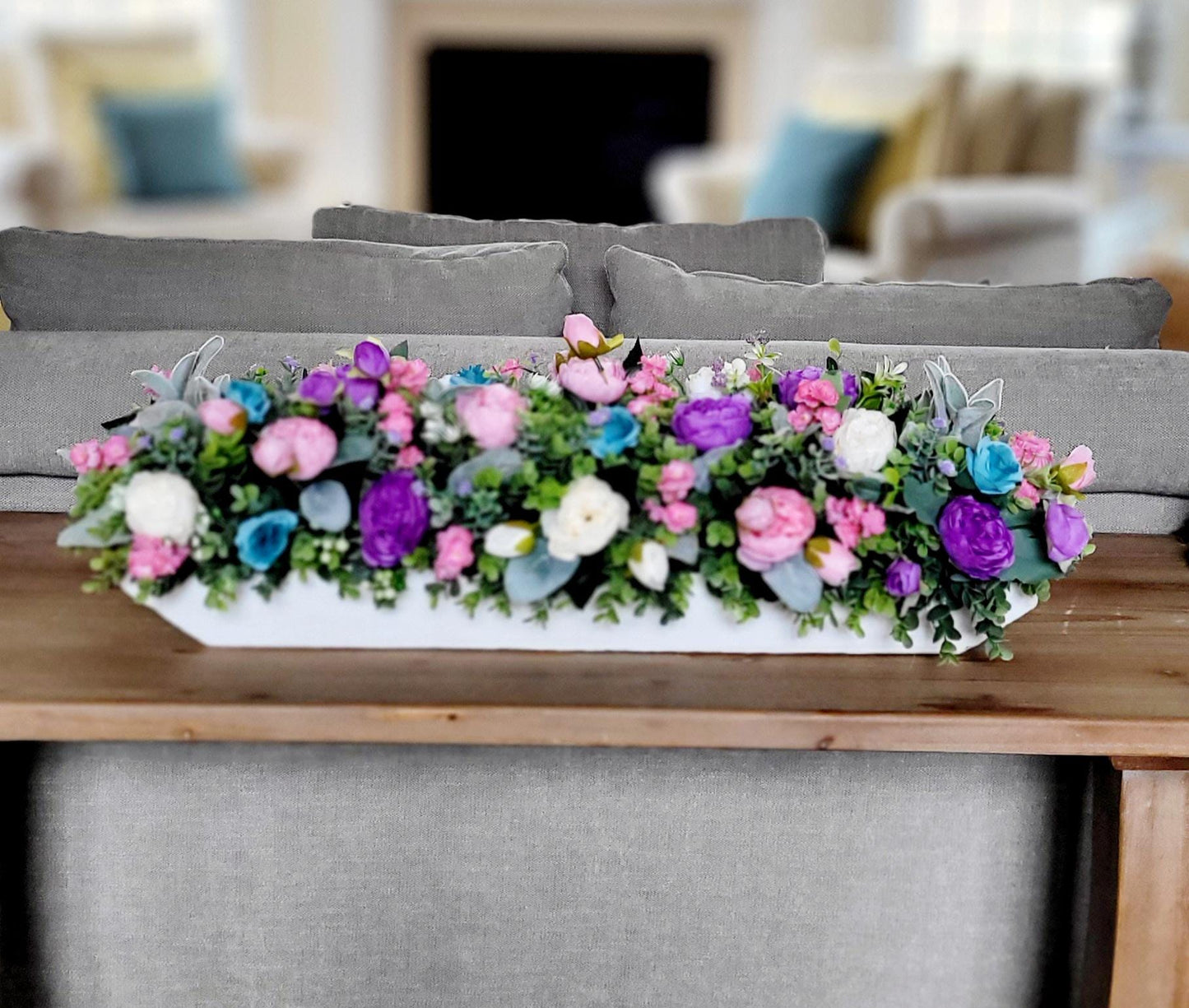 Purple Floral Centerpiece – Silk Peony Arrangement in Dough Bowl
