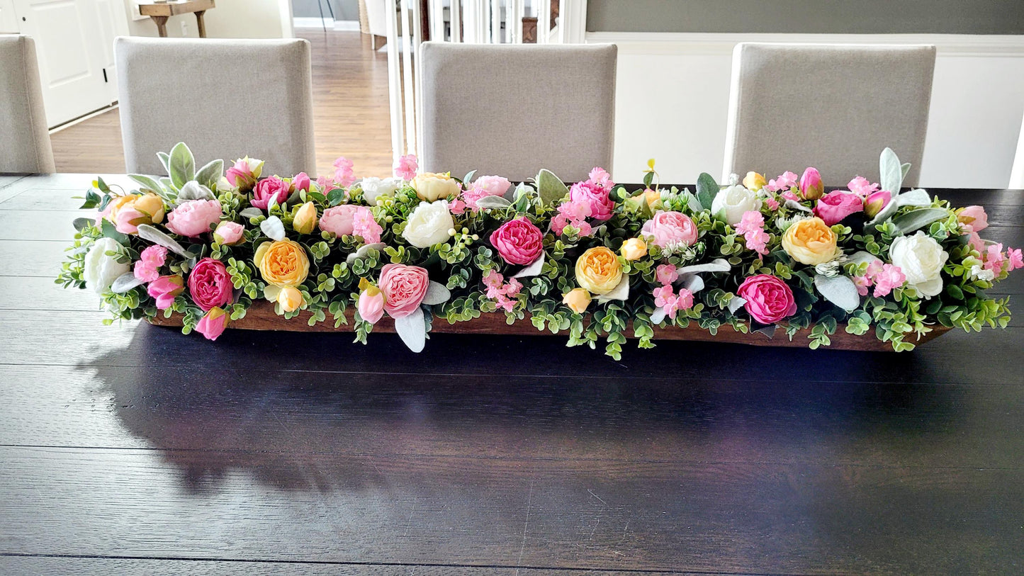 Peony Flower Arrangement Farmhouse Wooden Bowl Handcarved Dough Bowl Centerpiece Off White Floral Display Faux Greenery Accent Rustic Table Decoration Large Statement Piece Thirty Inch Long Design Customizable Wood Color Country Home