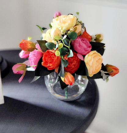 Glass Vase Centerpiece Silk Peony Arrangement Colorful Spring Display Realistic Faux Flowers Perfect Gift Mom Nana Bathroom Table Styling Maintenance Free Artificial Greenery Home Accent Dining Room Kitchen Counter Quality Resin Water