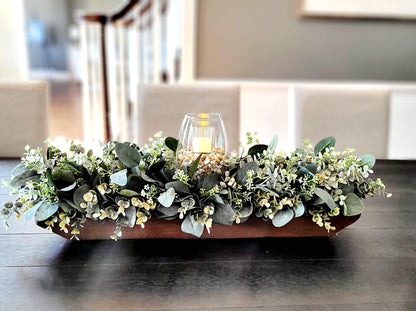Rustic Table Centerpiece Farmhouse Bowl Arrangement Natural Looking Greenery Display Faux Eucalyptus Collection Dining Table Decor Wooden Dough Bowl Design Artificial Greenery Accent Battery Operated Candle Feature Beautiful Home Styling