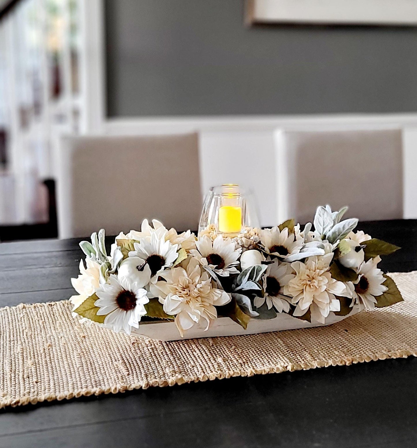 Fall dining table arrangement fall dough bowl arrangement kitchen decor fall farmhouse arrangement candle fall decor fall sunflower decor