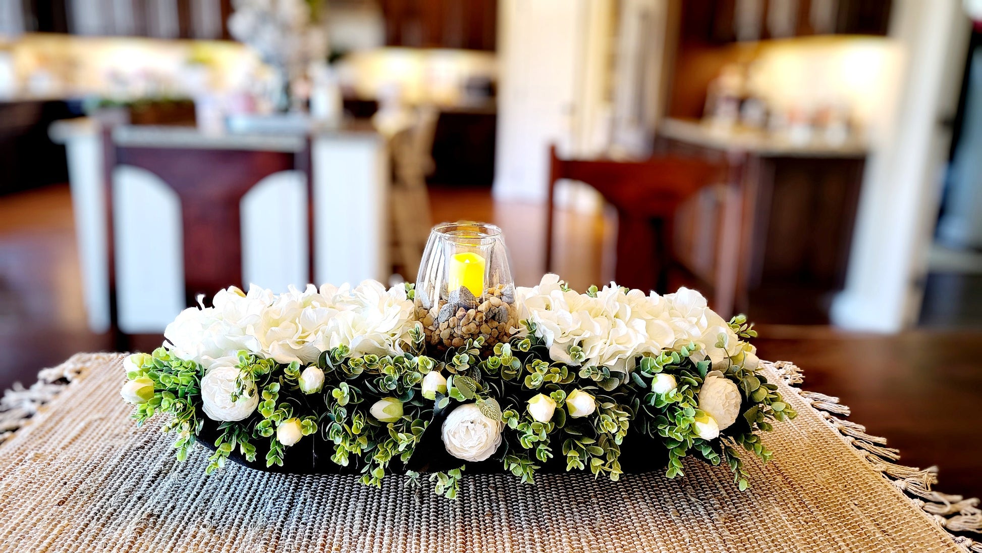 Handcrafted Dough Bowl Centerpiece Farmhouse Floral Arrangement Faux Hydrangea Blooms Artificial Peonies Greenery Rustic Wooden Bowl Custom Stained Design Year Round Display Kitchen Table Centerpiece Dining Room Decoration Mantle Display
