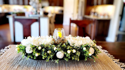 Handcrafted Dough Bowl Centerpiece Farmhouse Floral Arrangement Faux Hydrangea Blooms Artificial Peonies Greenery Rustic Wooden Bowl Custom Stained Design Year Round Display Kitchen Table Centerpiece Dining Room Decoration Mantle Display