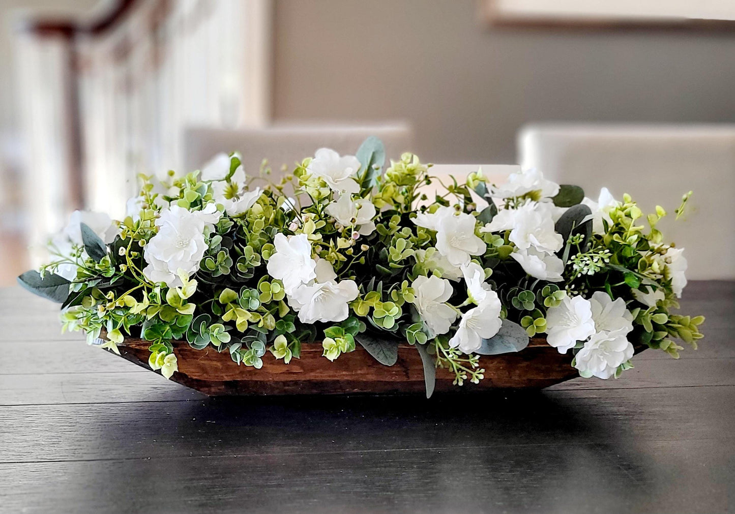 Farmhouse Table Centerpiece – Rustic Dough Bowl with White Floral Arrangement