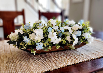 Farmhouse Table Centerpiece – Rustic Dough Bowl with White Floral Arrangement