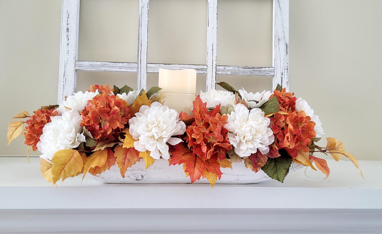 Farmhouse fall Centerpiece Fall dining table arrangement fall candle arrangement gift new home floral gift fall entry decor dough bowl fall