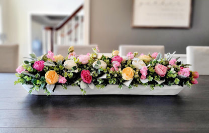 Dough Bowl Long Dining Table Arrangement Narrow Mantle Decor Peony Dough Bowl Farmhouse Arrangement Kitchen Table Decor Large Island Decor