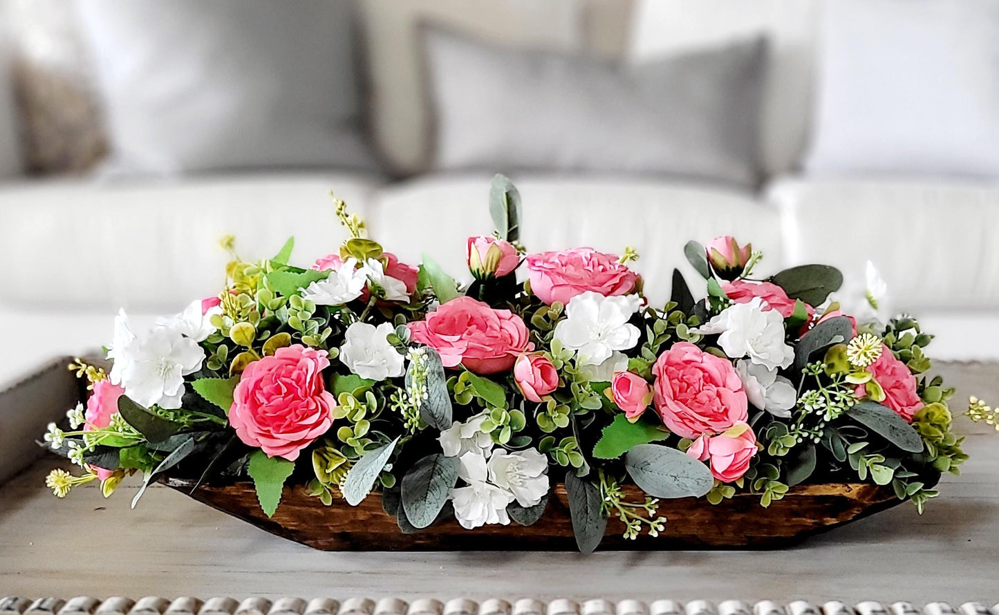 Dough Bowl Pink Peony Flower centerpiece farmhouse kitchen table decor pink rose arrangement gift Mom gift her floral gift her faux peony