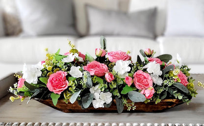 Dough Bowl Pink Peony Flower centerpiece farmhouse kitchen table decor pink rose arrangement gift Mom gift her floral gift her faux peony