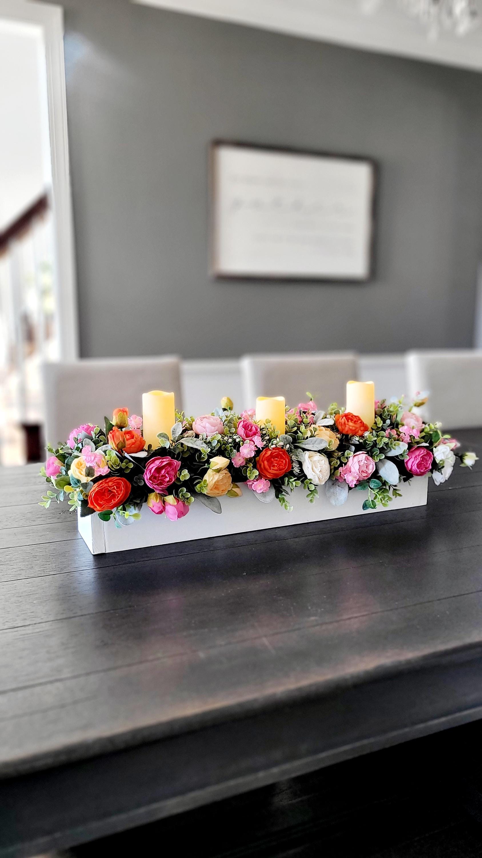 Spring Dining Centerpiece Artificial Peony Display Battery Candle Arrangement Wood Box Container Table Decoration Easter Season Ready Beautiful Faux Flowers Realistic Looking Blooms Elegant Home Accent Custom Built Design Seasonal Table