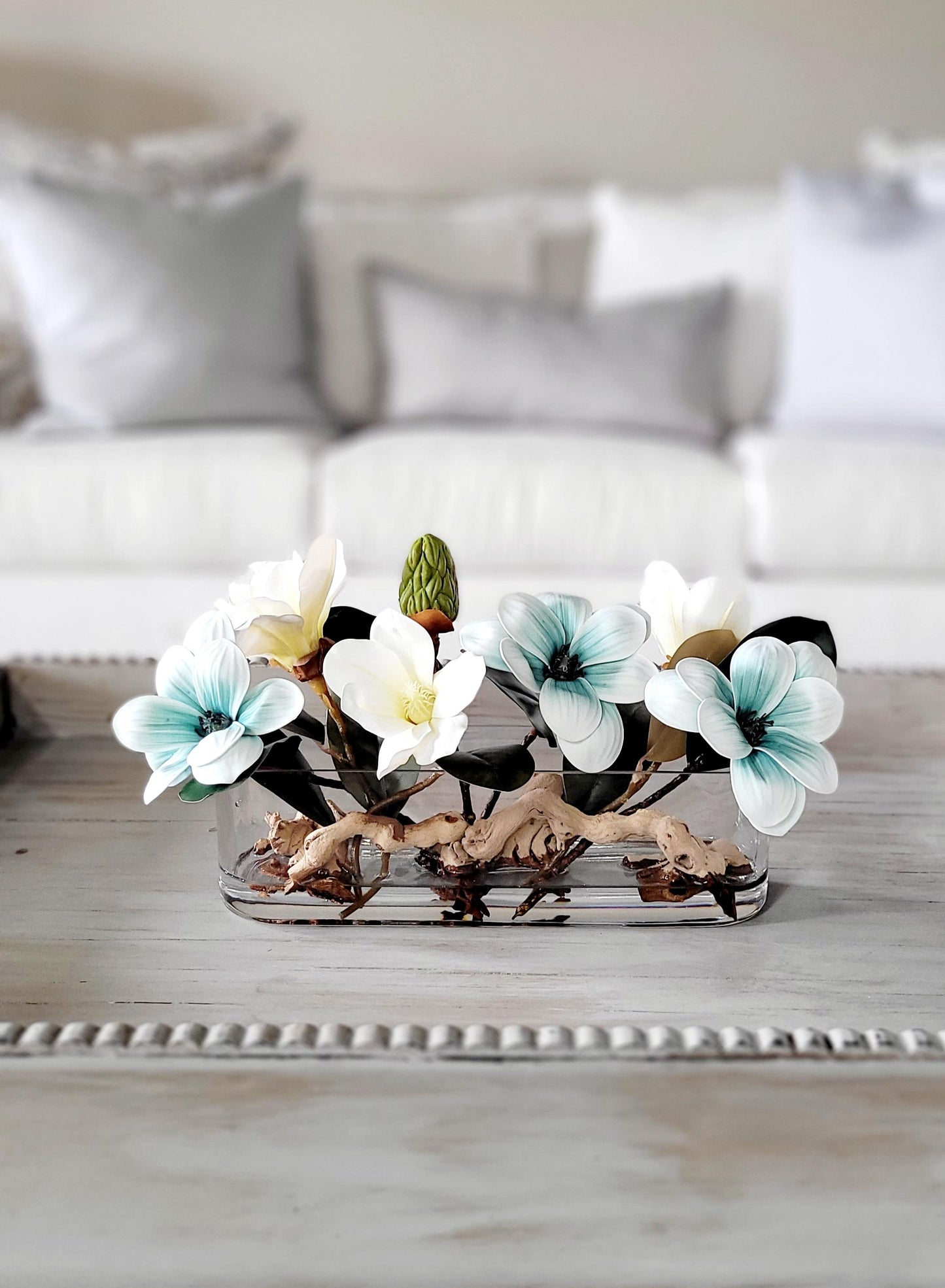 Glass Vase Arrangement Blue Magnolia Flowers Dining Table Centerpiece Faux Floral Collection Realistic Artificial Design Modern Home Decor Elegant Table Display Maintenance Free Beauty Contemporary Interior Accent Premium Quality