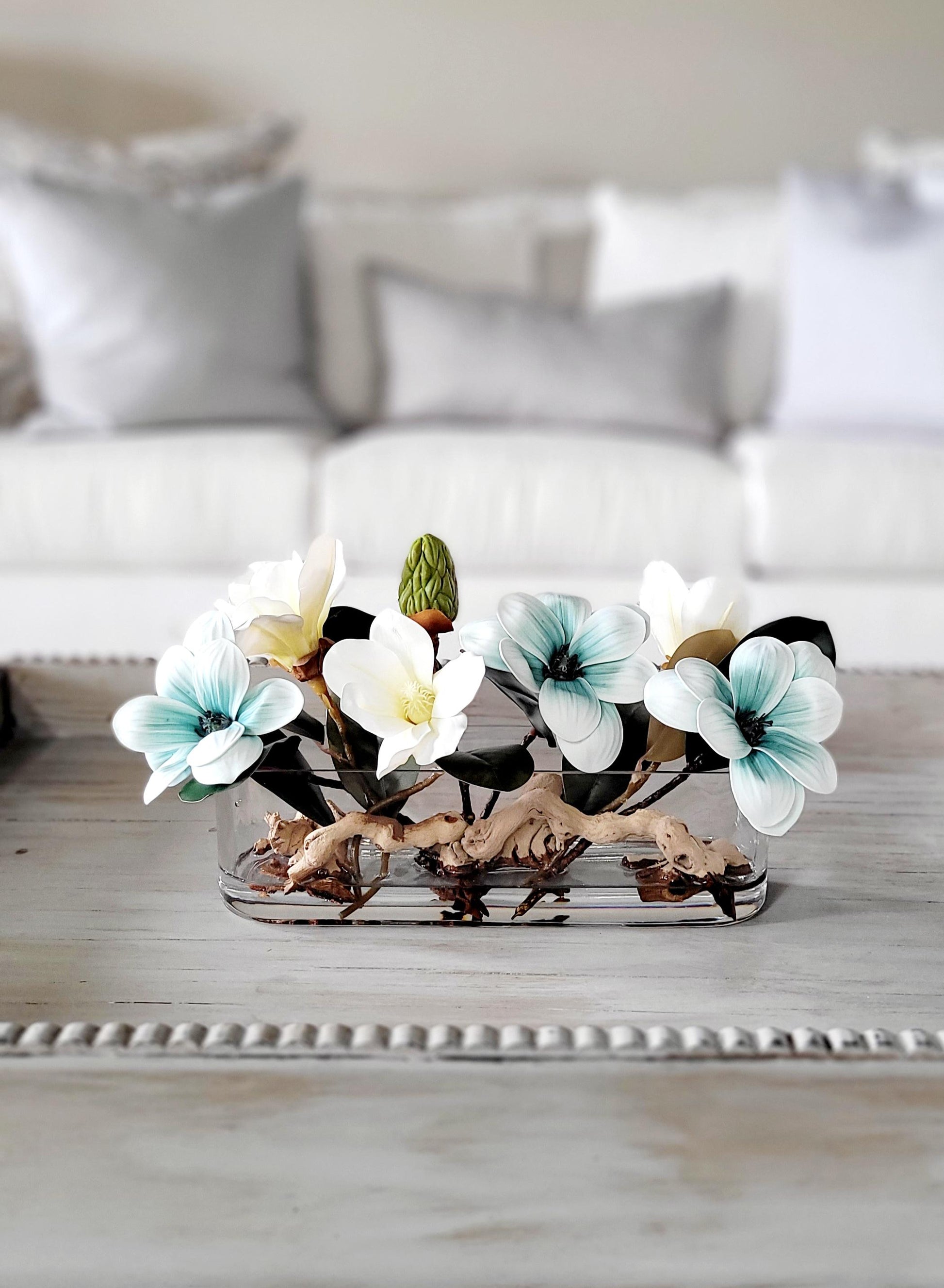 Glass Vase Arrangement Blue Magnolia Flowers Dining Table Centerpiece Faux Floral Collection Realistic Artificial Design Modern Home Decor Elegant Table Display Maintenance Free Beauty Contemporary Interior Accent Premium Quality