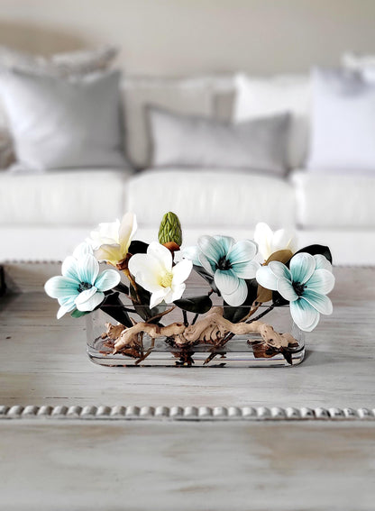 Glass Vase Arrangement Blue Magnolia Flowers Dining Table Centerpiece Faux Floral Collection Realistic Artificial Design Modern Home Decor Elegant Table Display Maintenance Free Beauty Contemporary Interior Accent Premium Quality