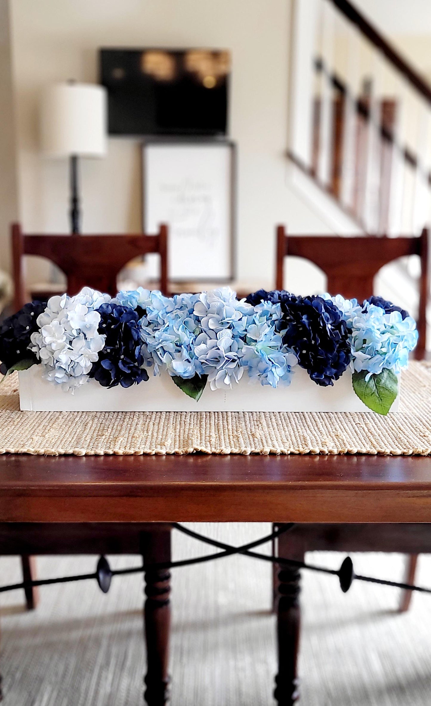 Navy Blue Flower Blue Hydrangea Arrangement French country Decor wood box Arrangement Blue Flower Centerpiece Blue white Floral Arrangement