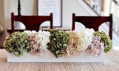 Dining table arrangement hydrangea floral centerpiece coffee table decor sage green flower decor wedding arrangement bridal flower wood box