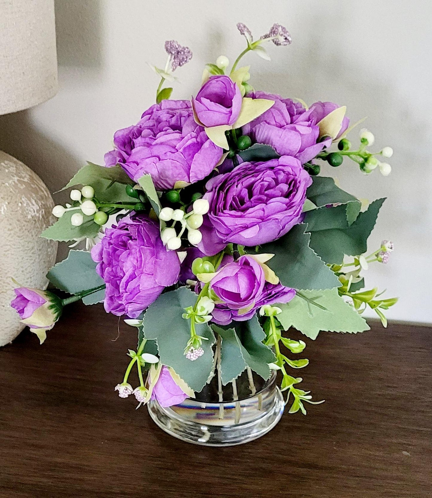 Realistic Faux Peony Flowers Glass Vase Arrangement Maintenance Free Botanical Display Silk Flower Centerpiece Collection No Water Required Lasting Beauty Perfect Gift Mother Day Present Housewarming Home Styling Office Bedroom Living Room