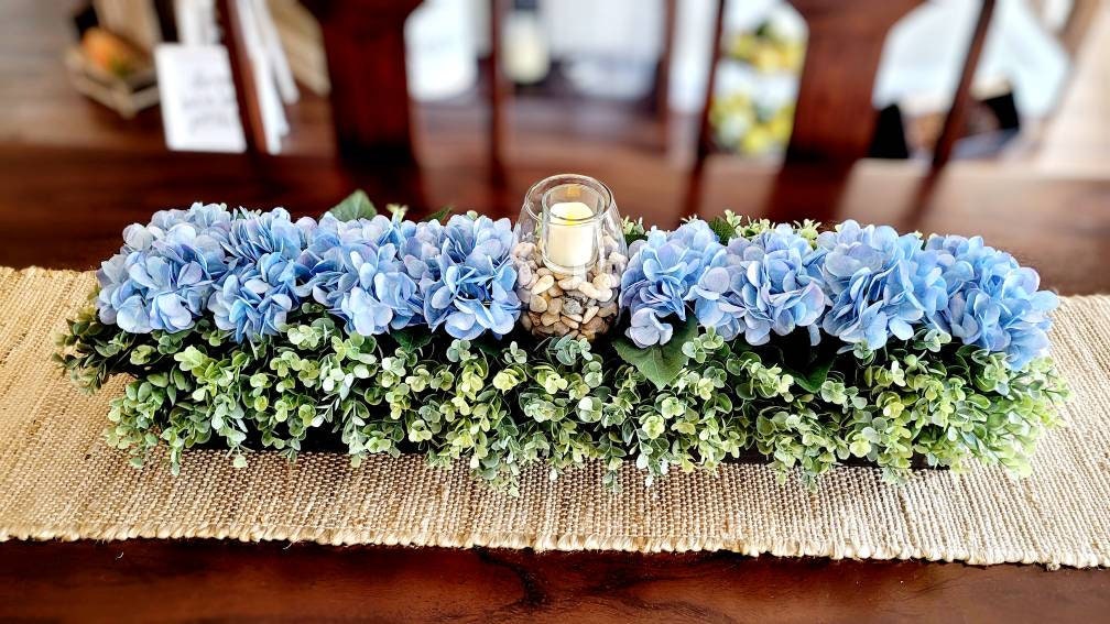 Wood Box Floral Centerpiece Blue Hydrangea Arrangement Farmhouse Table Decor Rustic Home Accent Handcrafted Design Natural Finish Container Perfect Housewarming Gift Beautiful Dining Table Display Custom Stain Option Country Style