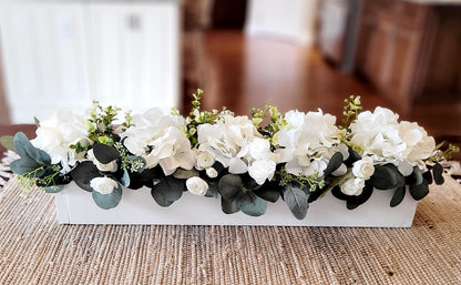 Wooden Box Centerpiece Farmhouse Style Decor White Hydrangea Arrangement Artificial Silk Flowers Rustic Table Display Perfect Dining Room Accent Kitchen Table Decoration Mantle Decor Piece Beautiful Neutral Design Custom Built Container