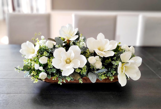 Dough Bowl Centerpiece Magnolia Arrangement dough bowl floral arrangement dining table centerpiece magnolia flower table arrangement kitchen