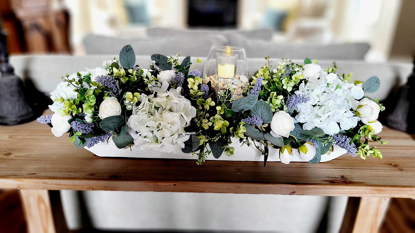 Spring Centerpiece Dough Bowl – Faux Peony Hydrangea Lavender Easter Table Decoration