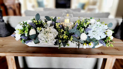 Spring Centerpiece Dough Bowl – Faux Peony Hydrangea Lavender Easter Table Decoration