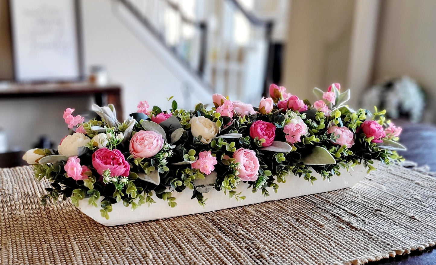 pink white decor pink wedding floral arrangement peony dough bowl dining room table arrangement Pink flower decorations spring decor mantle