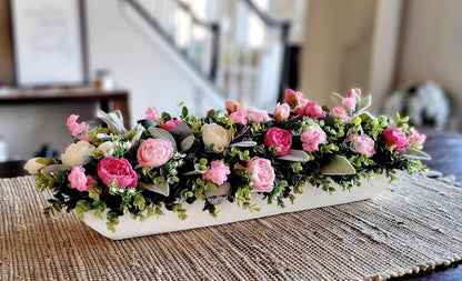 pink white decor pink wedding floral arrangement peony dough bowl dining room table arrangement Pink flower decorations spring decor mantle