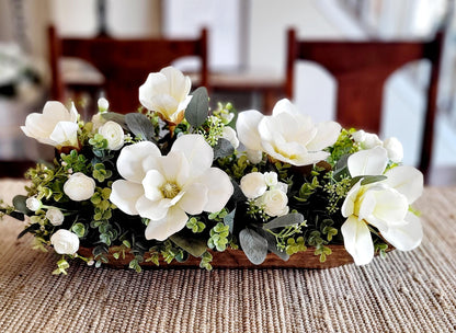 Silk Magnolia Flowers Dough Bowl Arrangement Elegant Table Centerpiece Artificial Floral Creation Custom Color Wooden Bowl Traditional Home Styling Dining Room Accent Piece Kitchen Island Display Farmhouse Table Decor Beautiful Faux Flowers