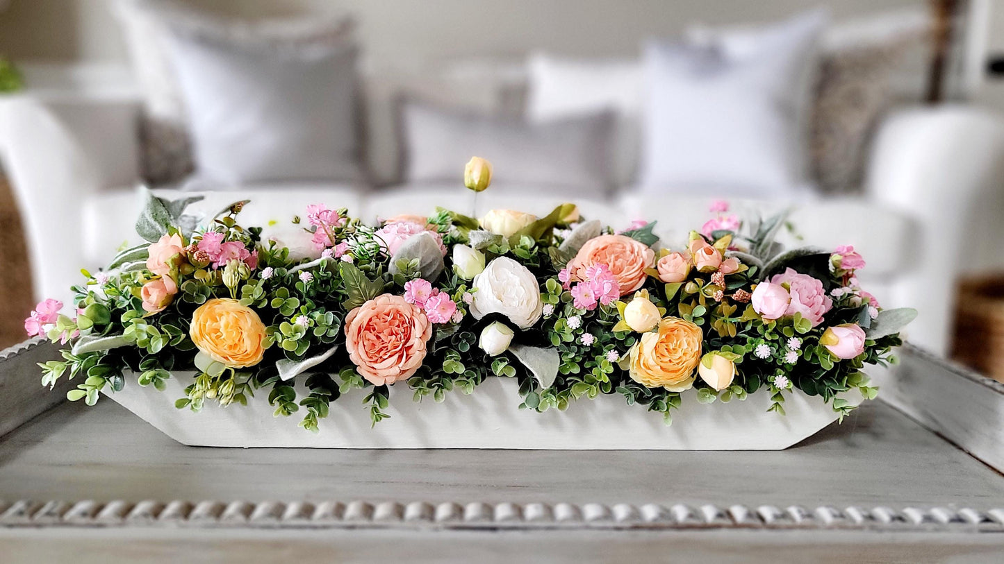 Peach Flower Centerpiece – Silk Arrangement in Rustic Dough Bowl