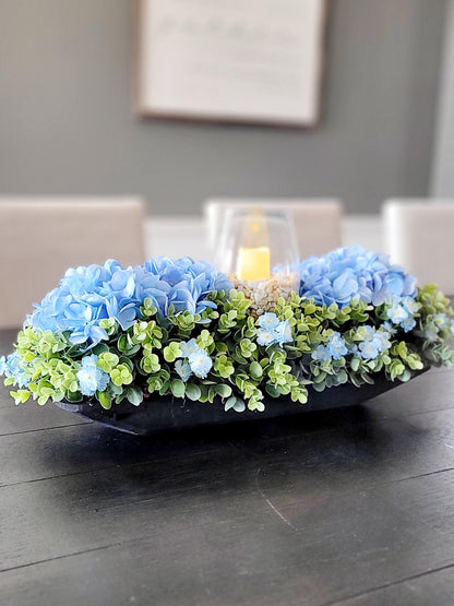 Candle Centerpiece Candle Arrangement Farmhouse Decor Blue Hydrangea Arrangement Greenery Arrangement Rustic Table Decor Dining table
