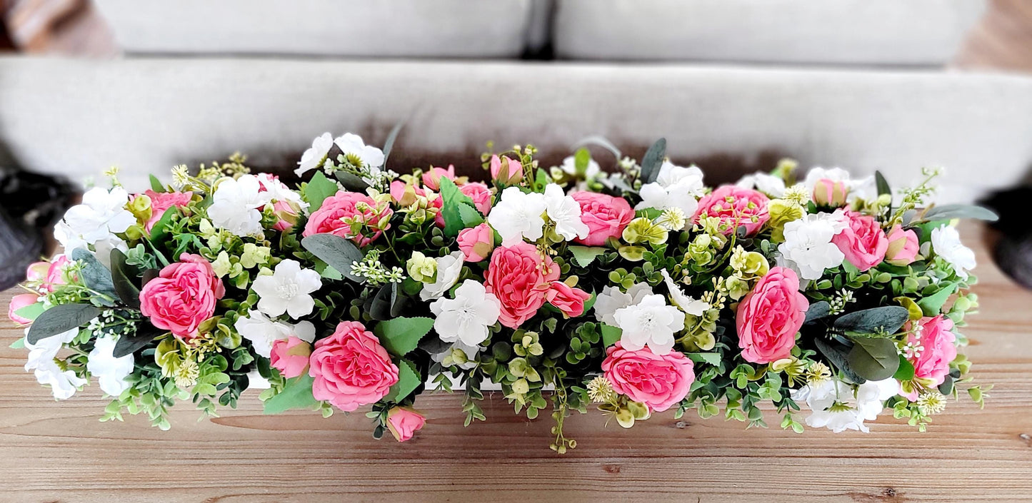 Artificial Rose Centerpiece – Pink White Floral Arrangement in Dough Bowl