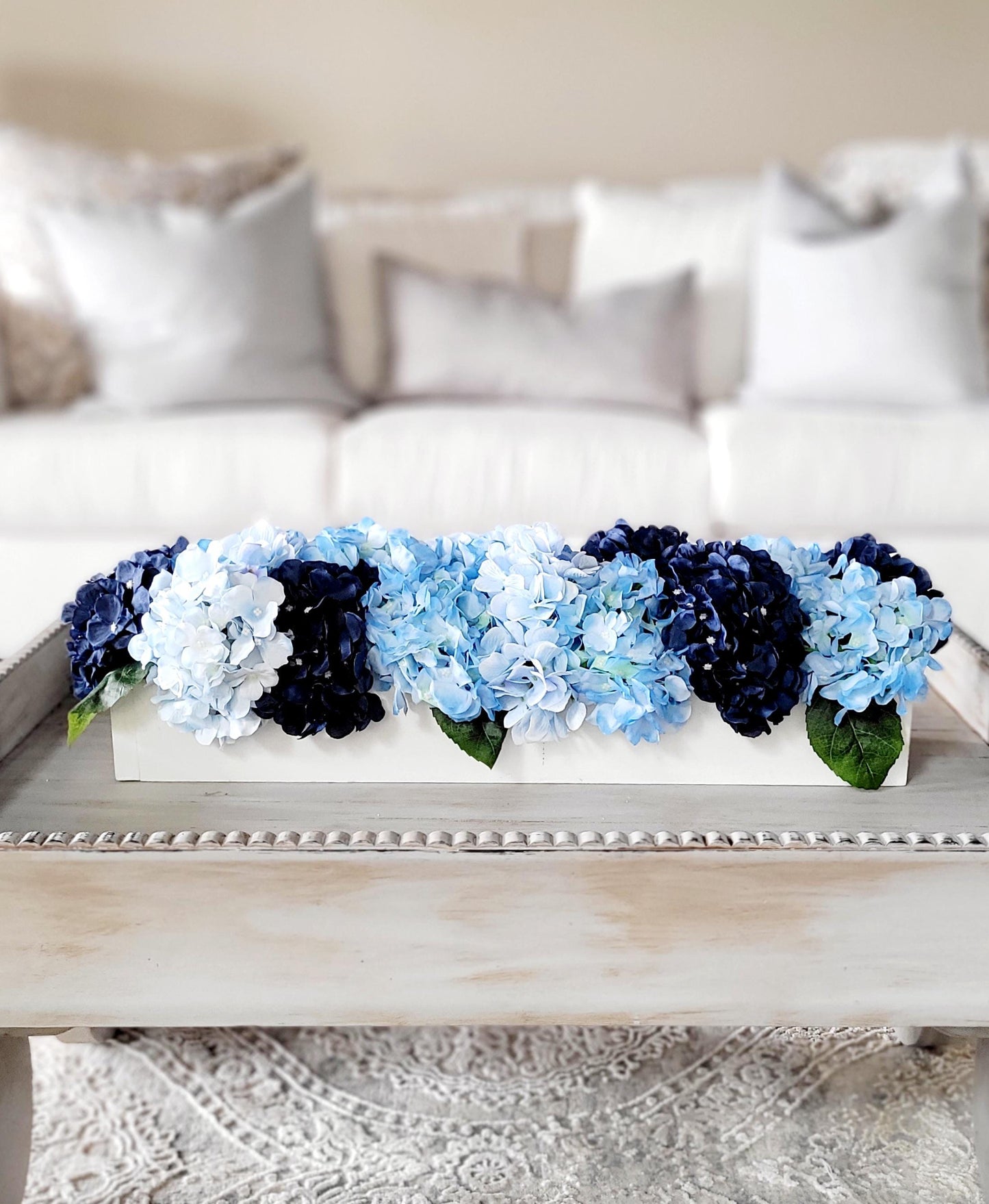 Navy Blue Flower Blue Hydrangea Arrangement French country Decor wood box Arrangement Blue Flower Centerpiece Blue white Floral Arrangement