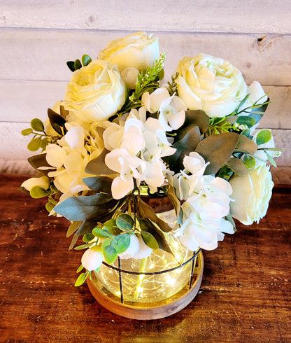 Farmhouse Lantern Decor – Illuminated Peony Arrangement Year Round Table Centerpiece