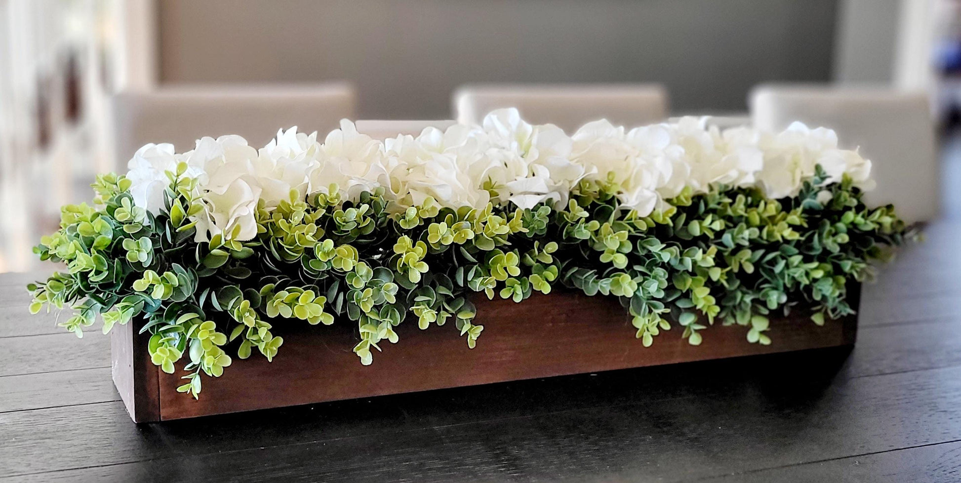 Wedding Table Centerpiece Hydrangea Arrangement Wooden Planter Box Neutral Color Palette White Cream Floral Design Rustic Farmhouse Style Reception Decor Handmade Flower Display Long Table Arrangement Beautiful Event Decoration Elegant