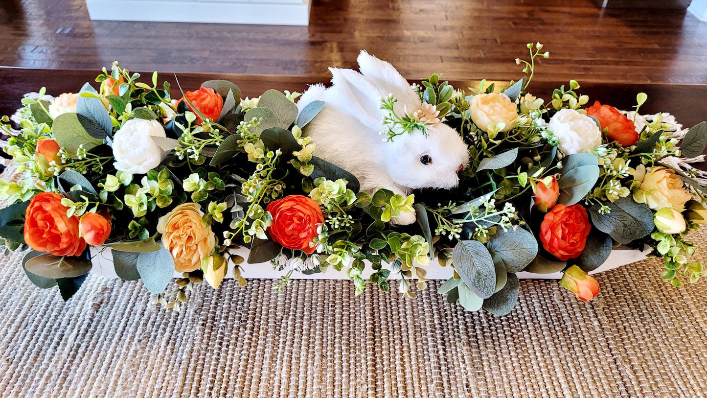 Easter Table Centerpiece – Silk Flower Bunny Arrangement in 27" Wooden Box