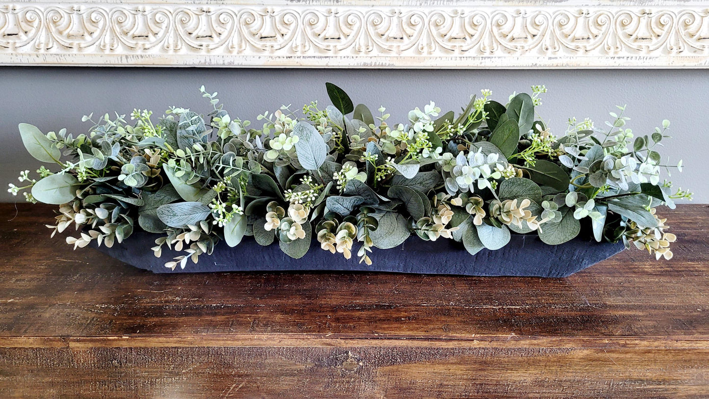 Dough Bowl Centerpiece – Rustic Farmhouse Table Decor with Faux Eucalyptus