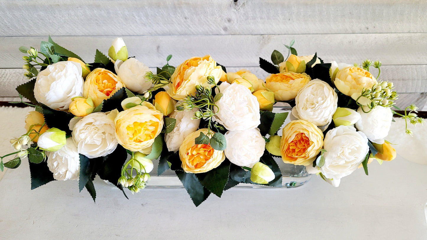 Modern glass vase floral arrangement dining table peony arrangement yellow flower arrangement long glass elegant arrangement gift for her