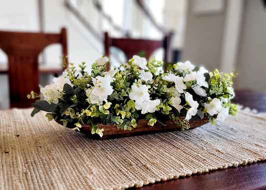 Farmhouse Table Centerpiece Rustic Dough Bowl White Floral Arrangement Wooden Bowl Design Artificial Flowers Greenery Moss Country Style Decor Dining Table Decoration Coffee Table Accent Kitchen Counter Display Home Interior Styling