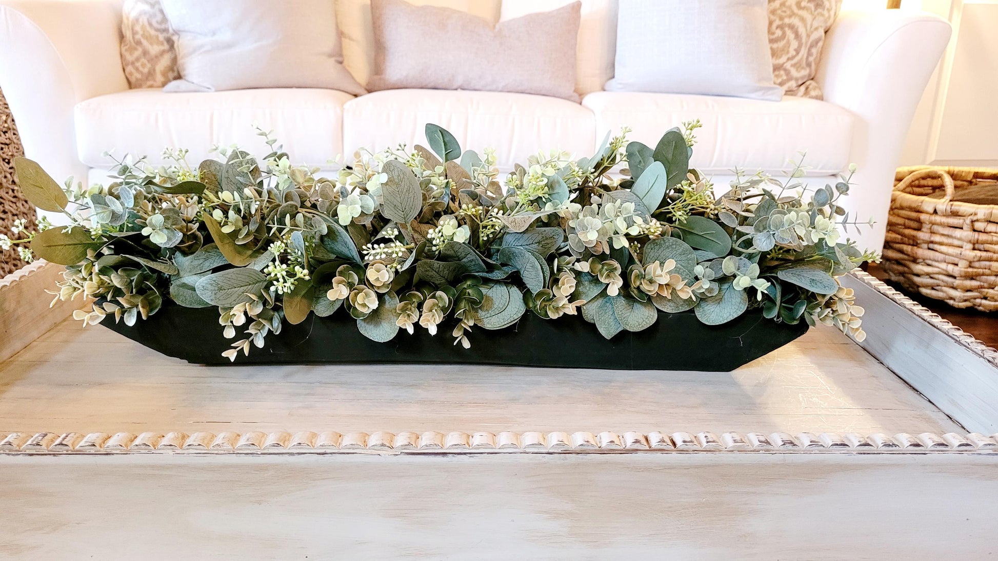 Faux Eucalyptus Centerpiece Wooden Dough Bowl Arrangement Rustic Farmhouse Table Decoration Artificial Greenery Display Custom Stained Wood Container Hand Carved Bowl Design Battery Candle Included Country Style Accent Traditional Home