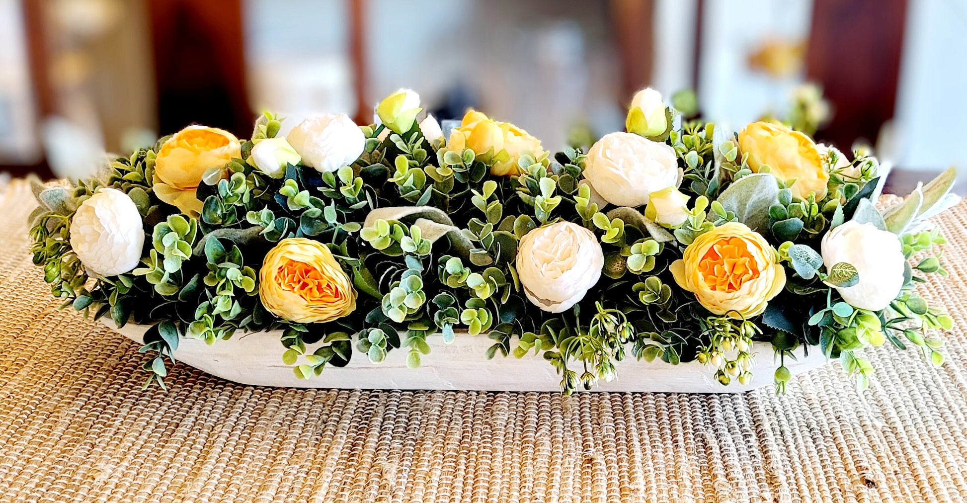 Handcarved Wood Design Whitewash Dough Bowl Traditional Farmhouse Centerpiece Rustic Wooden Container Silk Peony Arrangement Yellow Flower Collection Artificial Greenery Details Country Style Decoration Table Centerpiece Display Kitchen