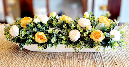 Handcarved Wood Design Whitewash Dough Bowl Traditional Farmhouse Centerpiece Rustic Wooden Container Silk Peony Arrangement Yellow Flower Collection Artificial Greenery Details Country Style Decoration Table Centerpiece Display Kitchen