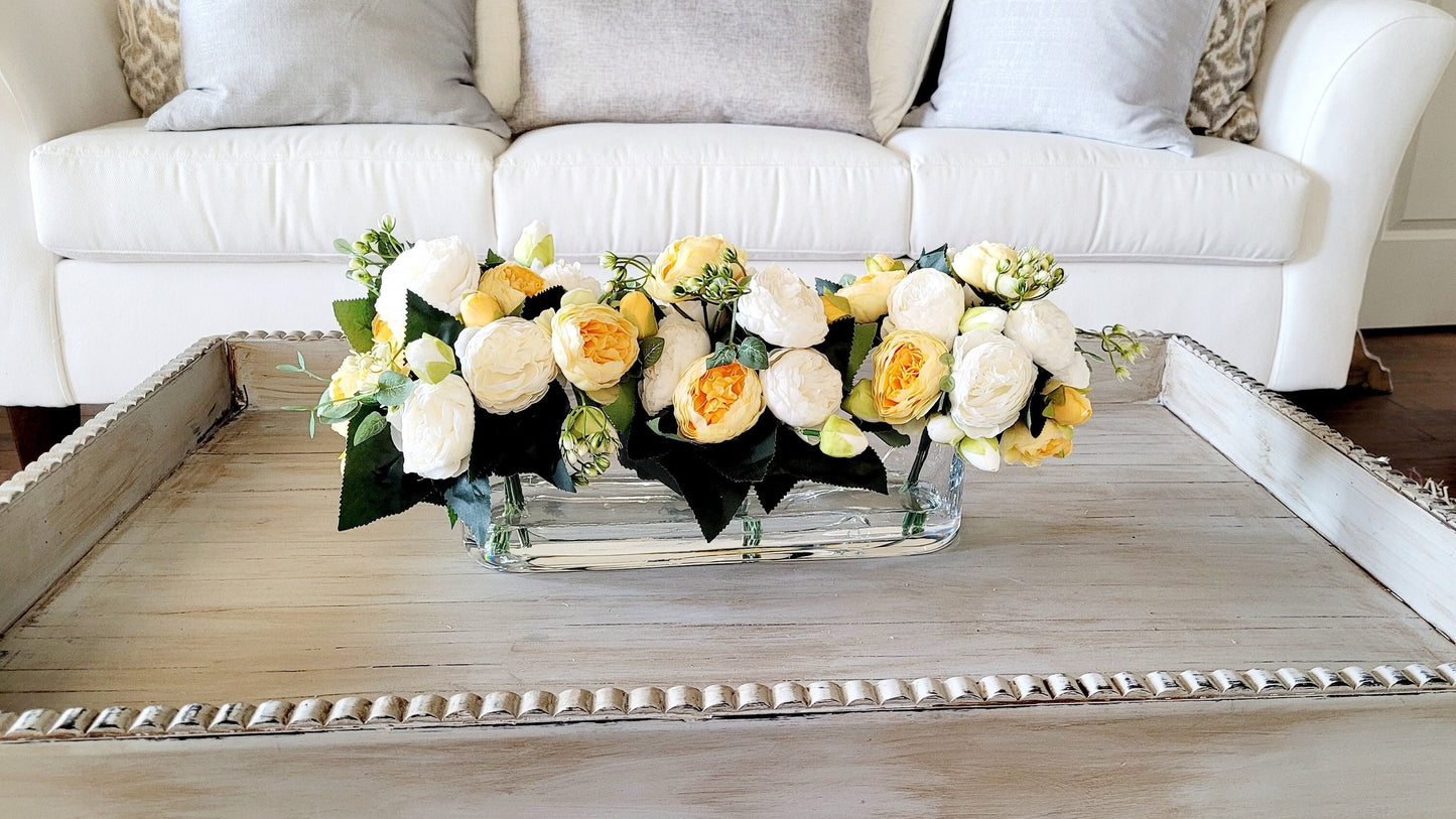 Modern glass vase floral arrangement dining table peony arrangement yellow flower arrangement long glass elegant arrangement gift for her