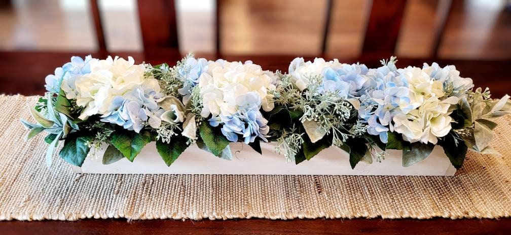 Blue Hydrangea Centerpiece – Long Wood Box Rustic Farmhouse Table Display