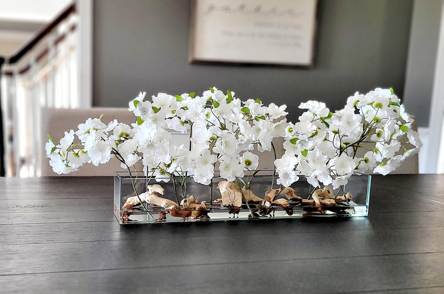 Cherry Blossom Arrangement dining table centerpiece elegant arrangement modern farmhouse decor artificial water arrangement long glass vase