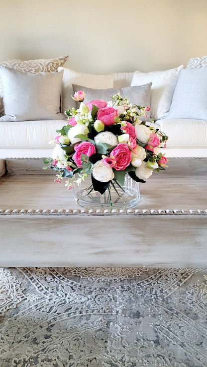 Artificial Peony Arrangement – Pink Glass Vase Centerpiece with Realistic Water Effect