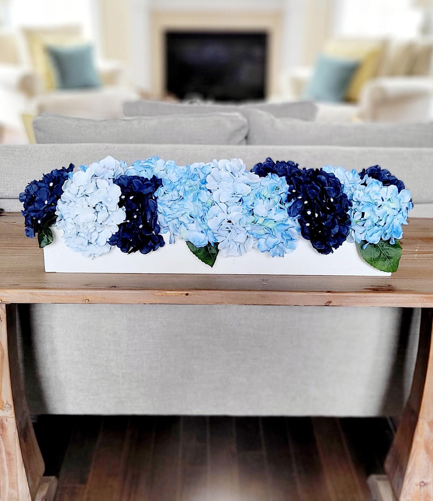 Navy Blue Flower Blue Hydrangea Arrangement French country Decor wood box Arrangement Blue Flower Centerpiece Blue white Floral Arrangement