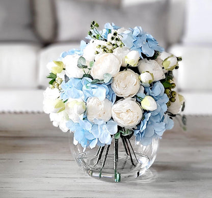 Blue White Floral Centerpiece Silk Hydrangea Peony Arrangement Glass Vase Display Ivory Accent Flowers Elegant Artificial Centerpiece Perfect Wedding Table Modern Faux Flower Design Realistic Water Effect Home Staging Essential Maintenance