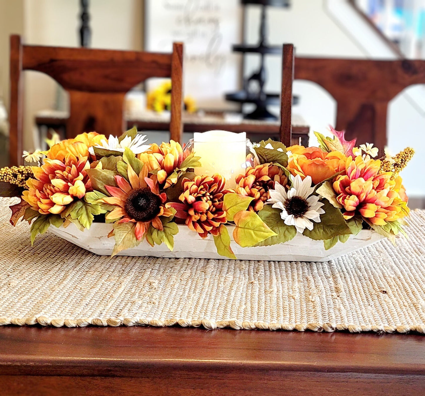 Dough Bowl Fall Flower arrangement sunflower decoration fall mum Decor Flameless candle fall arrangement fall Table Decor Gift New Home
