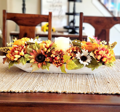 Dough Bowl Fall Flower arrangement sunflower decoration fall mum Decor Flameless candle fall arrangement fall Table Decor Gift New Home