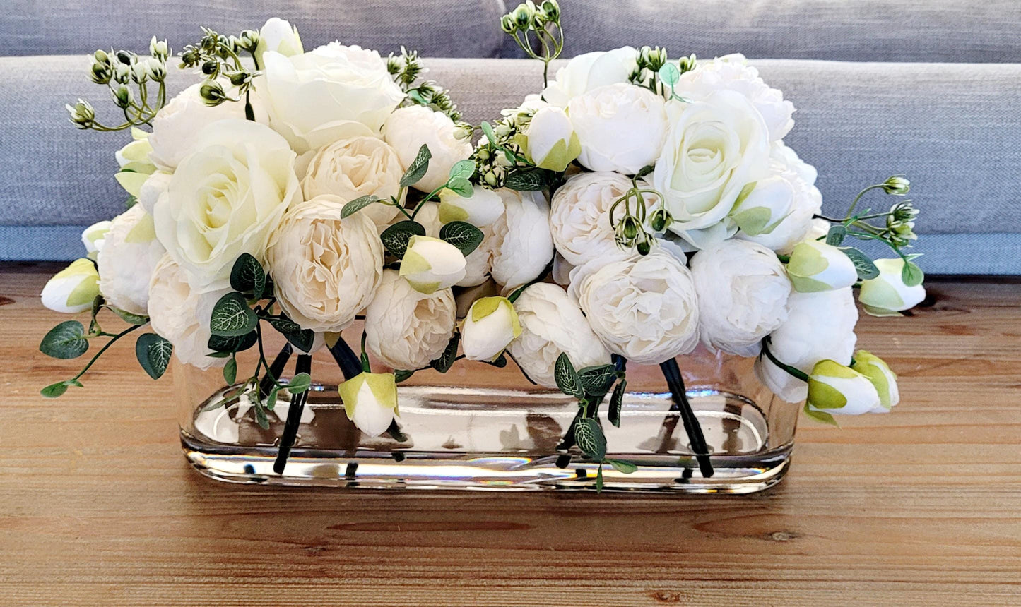Modern Glass Vase Artificial Flower Arrangement Silk Rose Peony Blooms Elegant Home Accent Realistic Faux Floral Display Maintenance Free Decoration Stylish Interior Design Living Room Centerpiece Dining Table Accessory Beautiful Gift